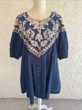 Free People Orson denim Navy Floral Yoke Tunic shift mini dress size Medium